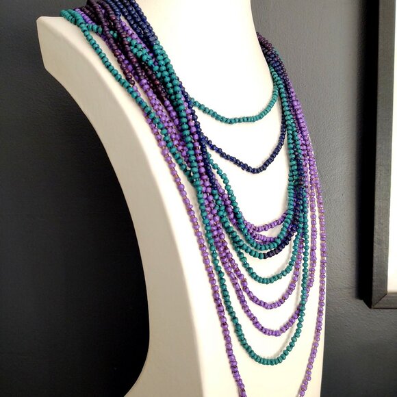 Green, shades of purple and blue layered multi strand beaded necklace - Picture 3 of 13